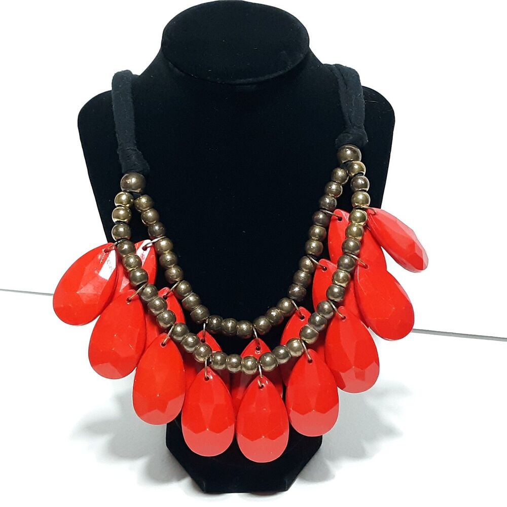 Huge Large Red Gold Vintage Statement Necklace Adjustable Length Faceted Beads
